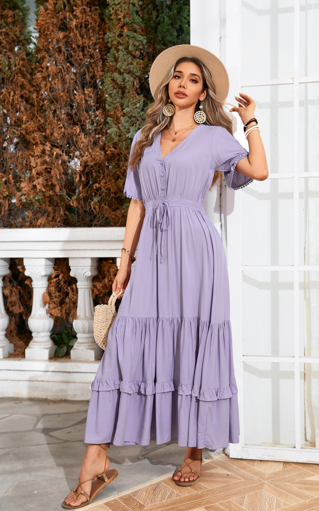 R.Vivimos Womens Summer Cotton Short Sleeve V Neck Floral Print Casual Bohemian Long Dresses