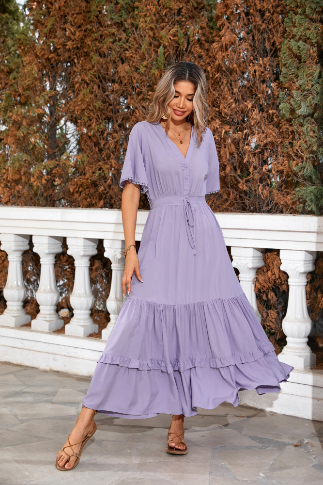 R.Vivimos Womens Summer Cotton Short Sleeve V Neck Floral Print Casual Bohemian Long Dresses