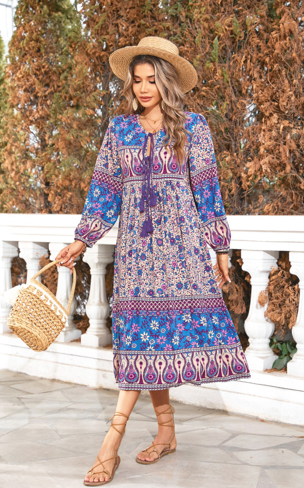 R.Vivimos Women's Long Sleeve Floral Print Retro V Neck Tassel Bohemian Midi Dresses