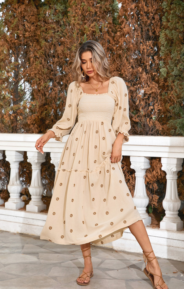 R.Vivimos Women's Long Sleeve Cotton Boho Midi Dress Vintage Square Neck Floral Embroidered Tiered Ruffle Flowy Pockets Dress
