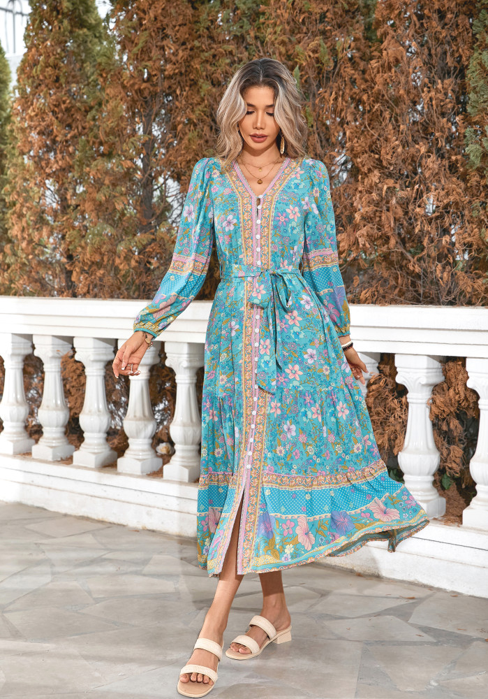 R.Vivimos Women's Long Sleeve Boho Midi Dress V Neck Floral Print Casual Button Down Loose Ruffle Beach Long Dress with Belt
