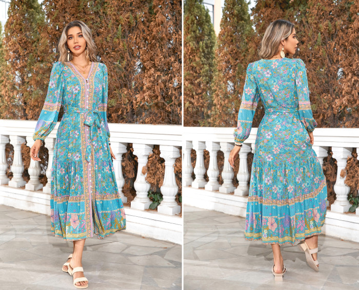 R.Vivimos Women's Long Sleeve Boho Midi Dress V Neck Floral Print Casual Button Down Loose Ruffle Beach Long Dress with Belt