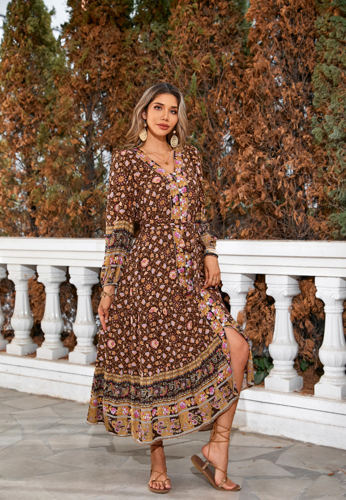 R.Vivimos Women's Long Sleeve Boho Midi Dress V Neck Floral Print Casual Button Down Loose Ruffle Beach Long Dress with Belt