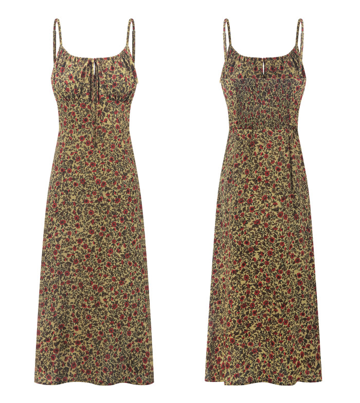 R.Vivimos Womens Summer Adjustable Spaghetti Strap Sundress Boho Floral Print Elastic Smocked Back Slim Fit Casual Midi Dress