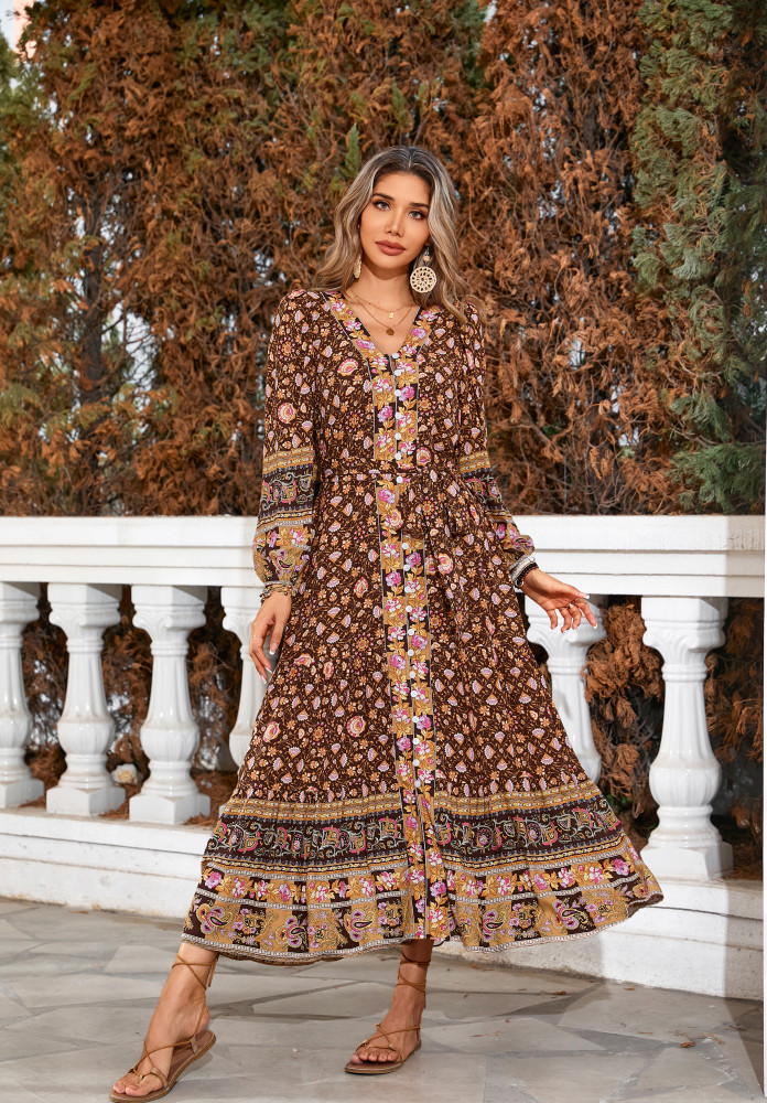 R.Vivimos Women's Long Sleeve Boho Midi Dress V Neck Floral Print Casual Button Down Loose Ruffle Beach Long Dress with Belt