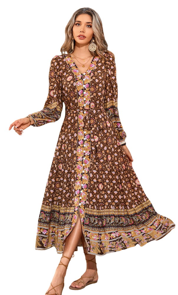 R.Vivimos Women's Long Sleeve Boho Midi Dress V Neck Floral Print Casual Button Down Loose Ruffle Beach Long Dress with Belt