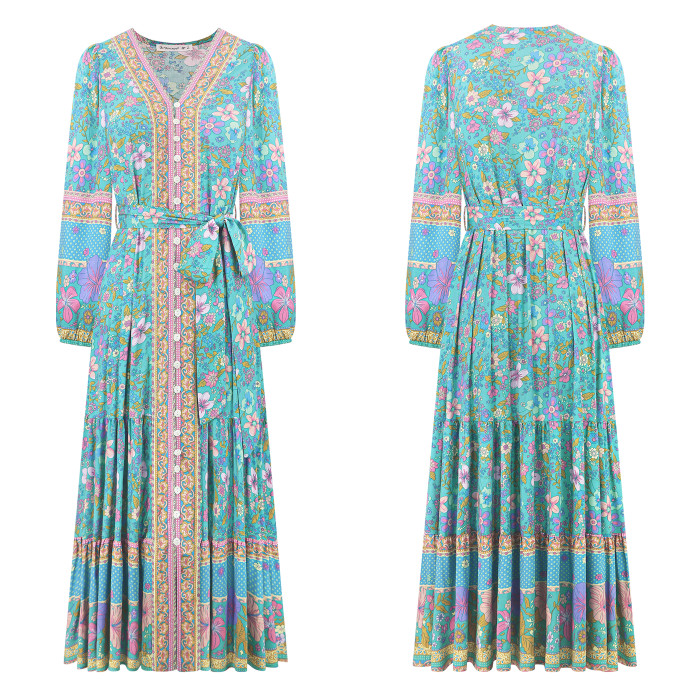 R.Vivimos Women's Long Sleeve Boho Midi Dress V Neck Floral Print Casual Button Down Loose Ruffle Beach Long Dress with Belt
