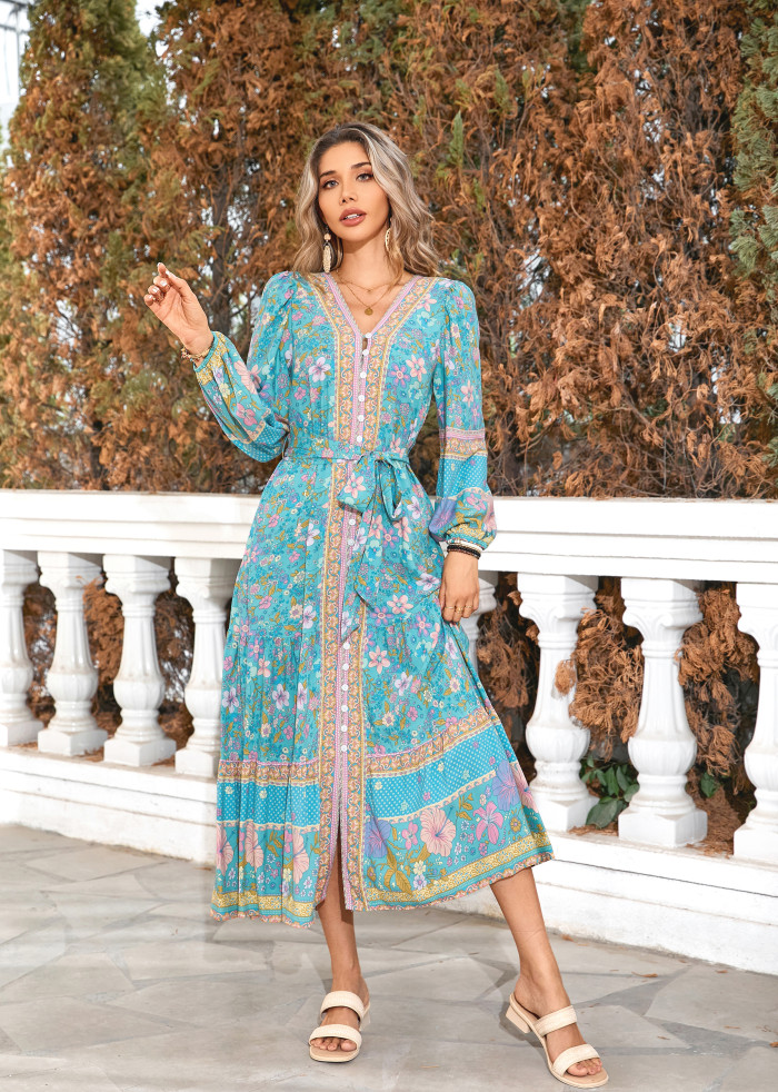 R.Vivimos Women's Long Sleeve Boho Midi Dress V Neck Floral Print Casual Button Down Loose Ruffle Beach Long Dress with Belt