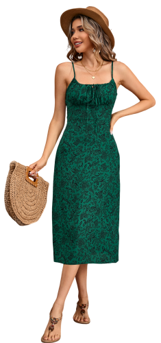 R.Vivimos Womens Summer Adjustable Spaghetti Strap Sundress Boho Floral Print Elastic Smocked Back Slim Fit Casual Midi Dress