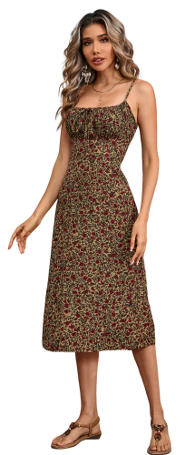 R.Vivimos Womens Summer Adjustable Spaghetti Strap Sundress Boho Floral Print Elastic Smocked Back Slim Fit Casual Midi Dress
