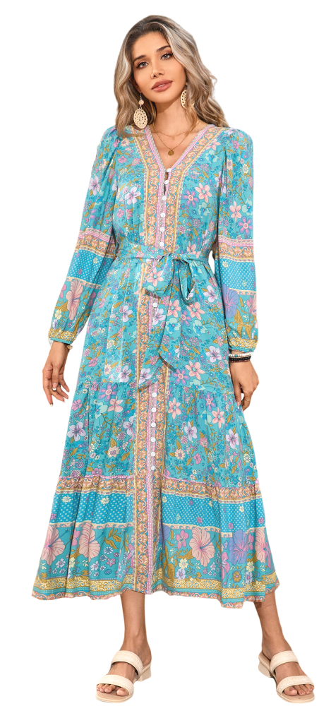 R.Vivimos Women's Long Sleeve Boho Midi Dress V Neck Floral Print Casual Button Down Loose Ruffle Beach Long Dress with Belt