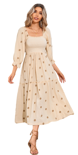 R.Vivimos Women's Long Sleeve Cotton Boho Midi Dress Vintage Square Neck Floral Embroidered Tiered Ruffle Flowy Pockets Dress