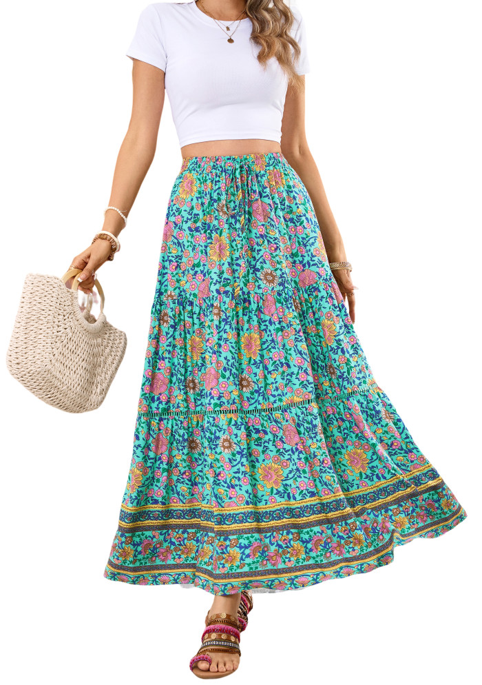 R.Vivimos Womens Summer Cotton Vintage Floral Print Boho Casual Long Skirt