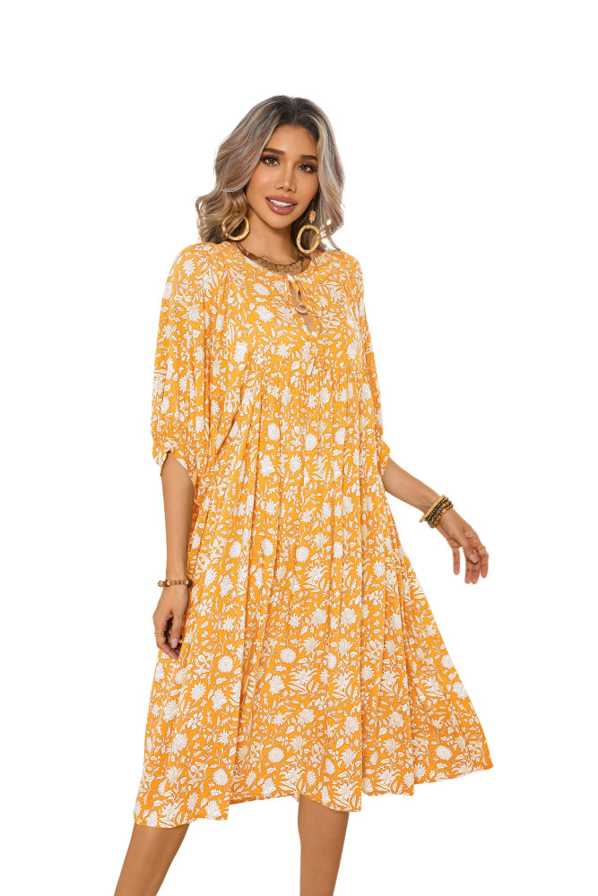 R.Vivimos Womens Summer Casual Midi Dress Lantern Sleeve Tie V Neck Boho Floral Print Loose Fit Flowy Long Dresses