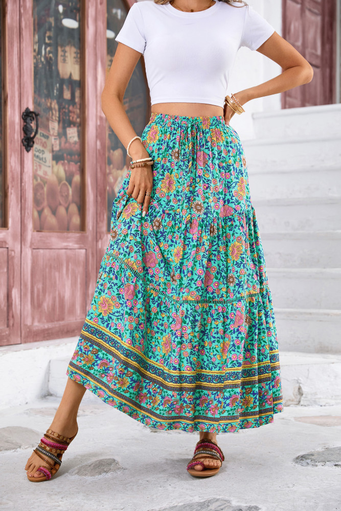 R.Vivimos Womens Summer Cotton Vintage Floral Print Boho Casual Long Skirt