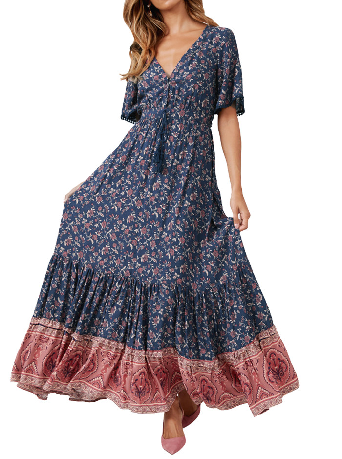 R.Vivimos Womens Summer Cotton Short Sleeve V Neck Floral Print Casual Bohemian Long Dresses