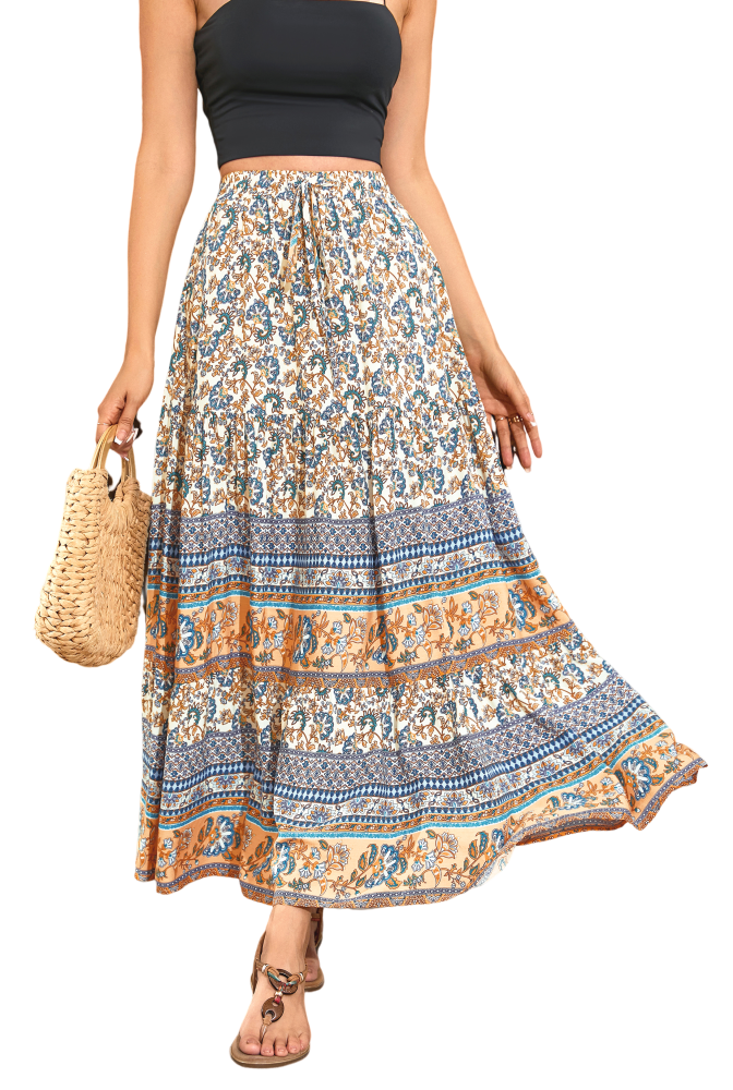 R.Vivimos Womens Summer Cotton Vintage Floral Print Boho Casual Long Skirt