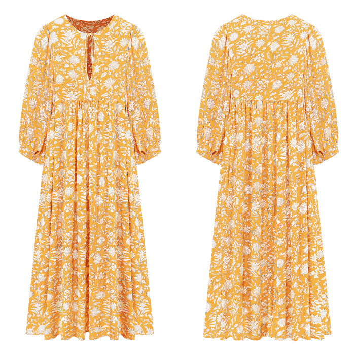 R.Vivimos Womens Summer Casual Midi Dress Lantern Sleeve Tie V Neck Boho Floral Print Loose Fit Flowy Long Dresses