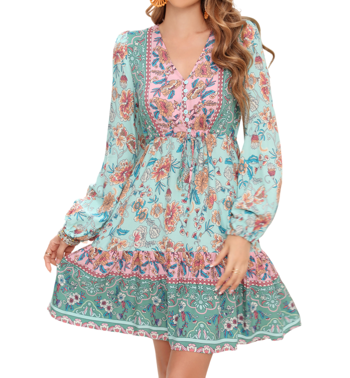 R.Vivimos Women's Cotton Long Sleeves V-Neck Button Up Floral Print Bohemian Flowy Mini Dress
