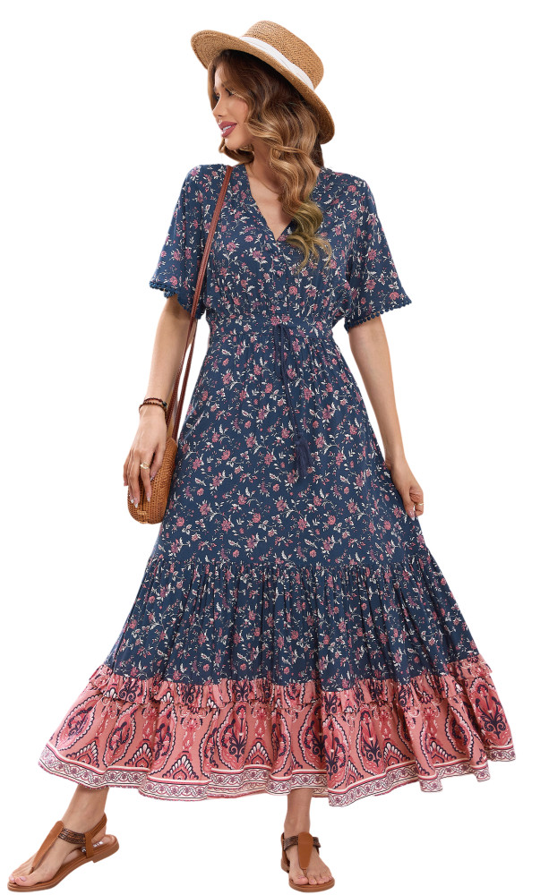 R.Vivimos Womens Summer Cotton Short Sleeve V Neck Floral Print Casual Bohemian Long Dresses