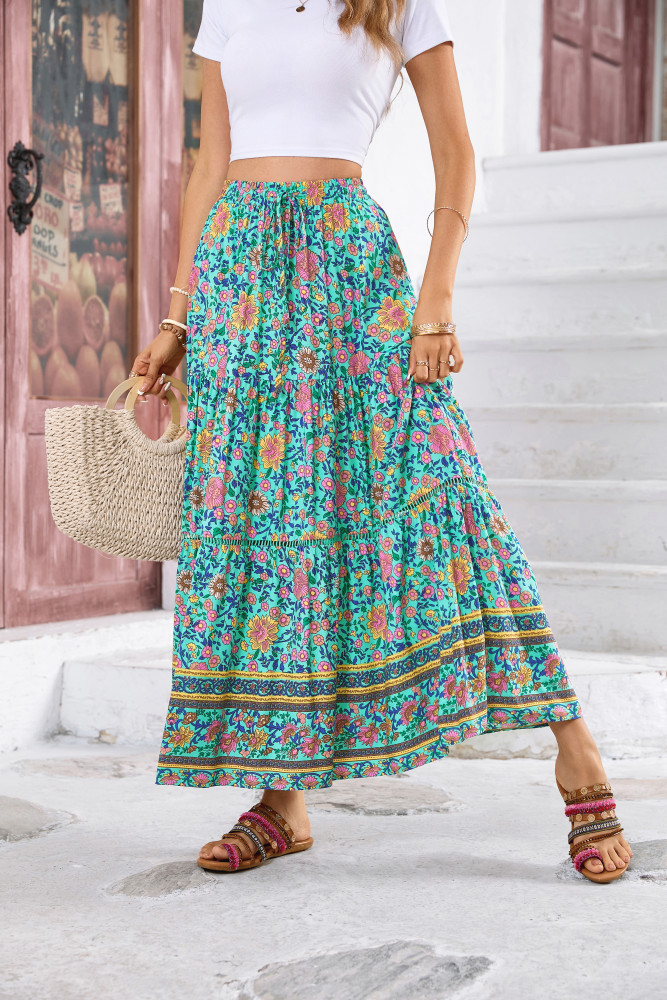 R.Vivimos Womens Summer Cotton Vintage Floral Print Boho Casual Long Skirt