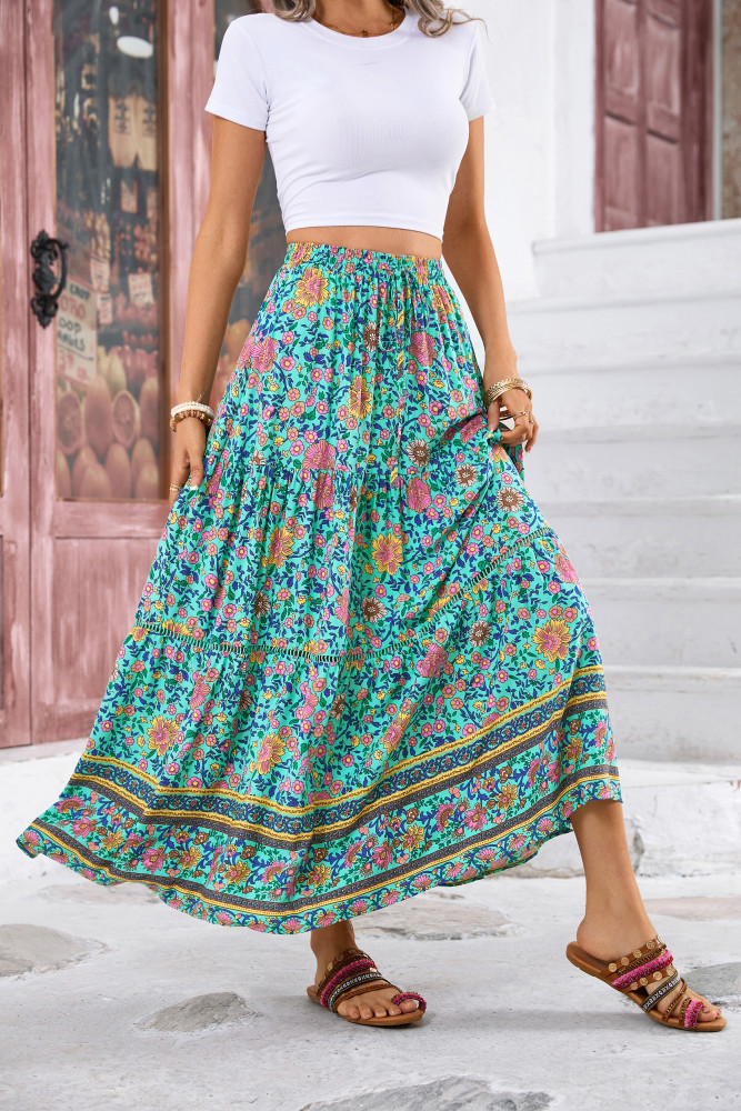 R.Vivimos Womens Summer Cotton Vintage Floral Print Boho Casual Long Skirt