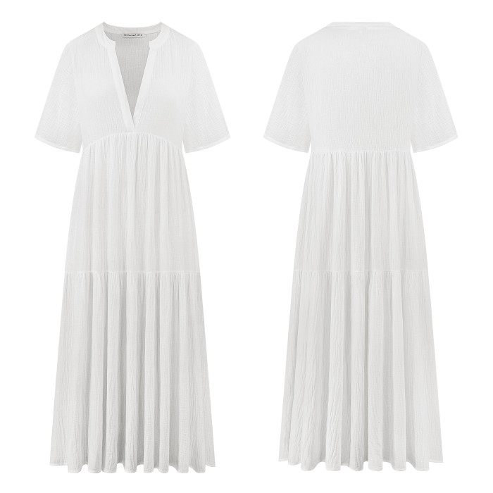 R.Vivimos Womens Summer Cotton Flowy Maxi Dress Short Sleeve V Neck Empire Waist Boho Tiered Ruffle Casual Loose Long Dresses