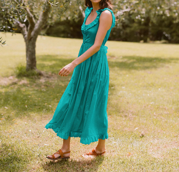 R.Vivimos Womens Summer Cotton Sleeveless Midi Dresses Vintage Lace Trim Button Up Tie Waist Casual A-Line Flowy Long Dresses