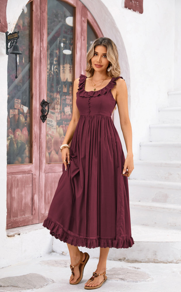 R.Vivimos Womens Summer Cotton Sleeveless Midi Dresses Vintage Lace Trim Button Up Tie Waist Casual A-Line Flowy Long Dresses