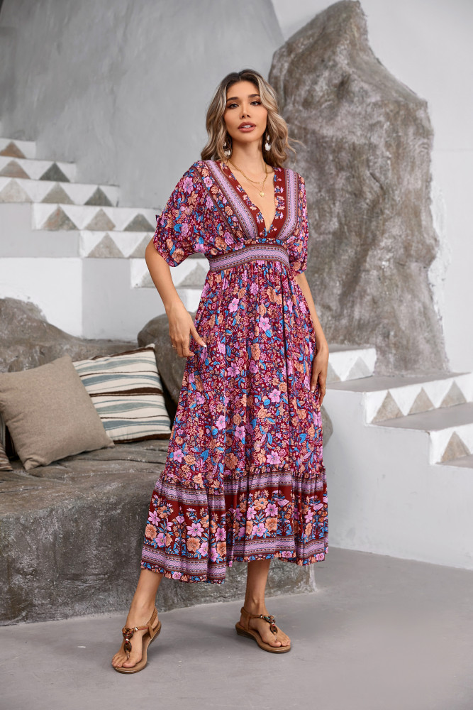 R.Vivimos Women's Summer Boho Floral Print Midi Dress Short Sleeve Deep V Neck Empire Waist Flowy Beach Dress with Pockets