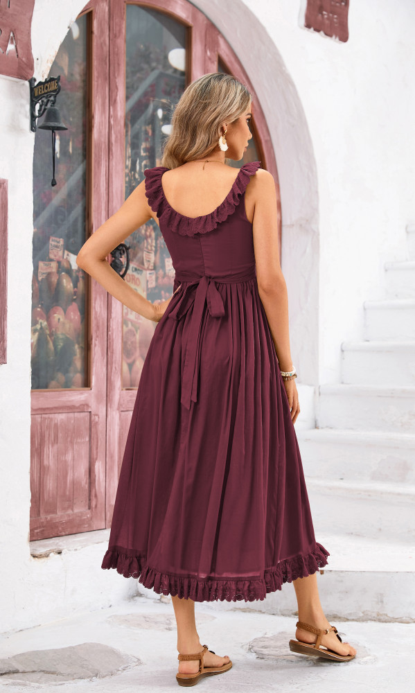 R.Vivimos Womens Summer Cotton Sleeveless Midi Dresses Vintage Lace Trim Button Up Tie Waist Casual A-Line Flowy Long Dresses
