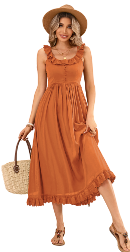 R.Vivimos Womens Summer Cotton Sleeveless Midi Dresses Vintage Lace Trim Button Up Tie Waist Casual A-Line Flowy Long Dresses