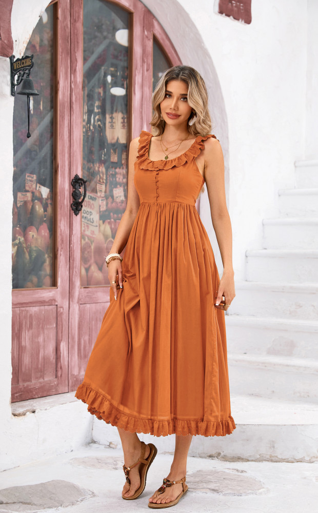 R.Vivimos Womens Summer Cotton Sleeveless Midi Dresses Vintage Lace Trim Button Up Tie Waist Casual A-Line Flowy Long Dresses
