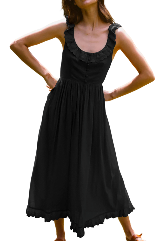 R.Vivimos Womens Summer Cotton Sleeveless Midi Dresses Vintage Lace Trim Button Up Tie Waist Casual A-Line Flowy Long Dresses