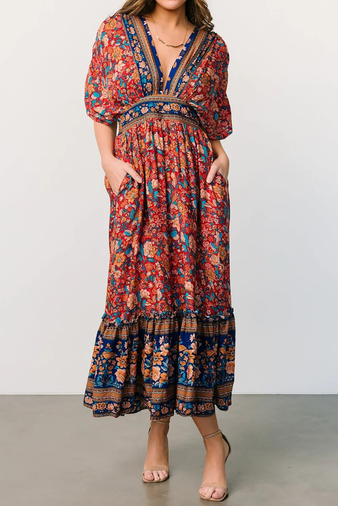 R.Vivimos Women's Summer Boho Floral Print Midi Dress Short Sleeve Deep V  Neck Empire Waist