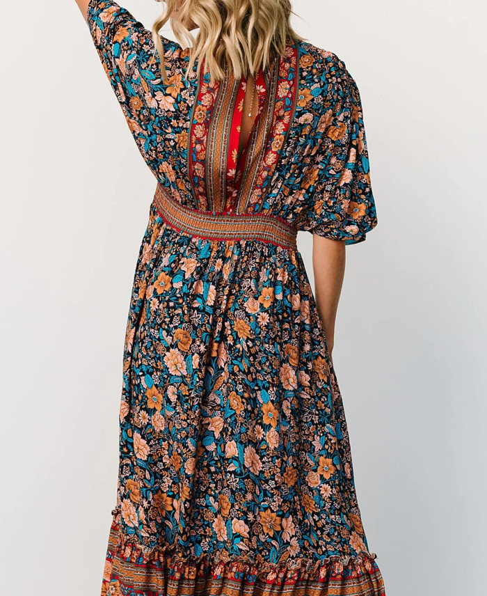 R.Vivimos Women's Summer Boho Floral Print Midi Dress Short Sleeve Deep V Neck Empire Waist Flowy Beach Dress with Pockets