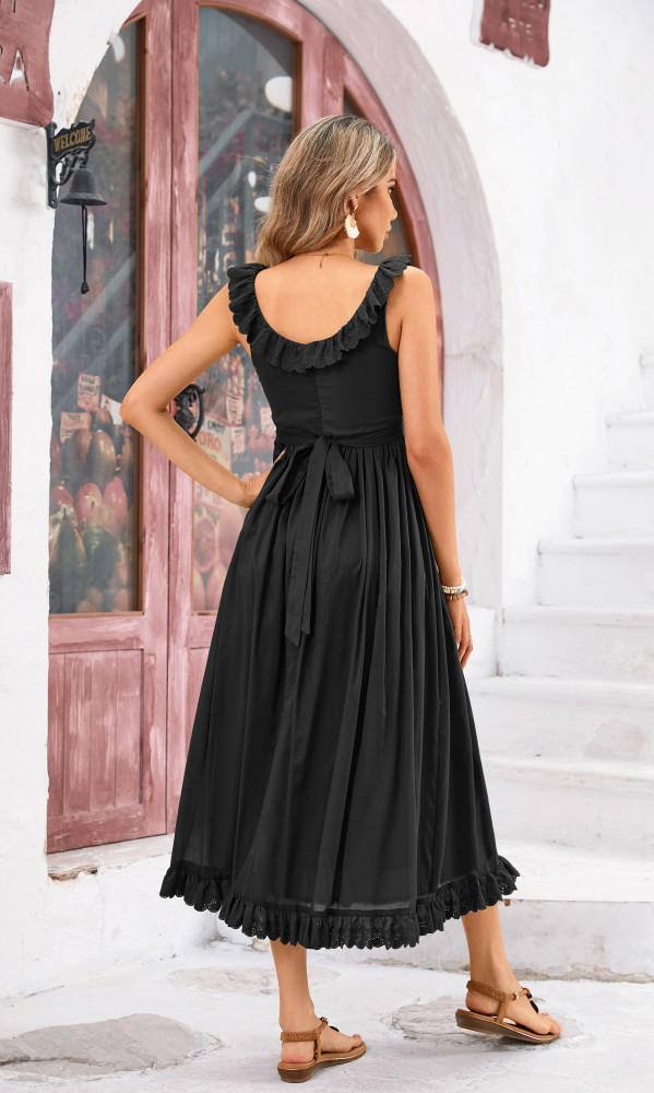 R.Vivimos Womens Summer Cotton Sleeveless Midi Dresses Vintage Lace Trim Button Up Tie Waist Casual A-Line Flowy Long Dresses