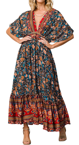 R.Vivimos Women's Summer Boho Floral Print Midi Dress Short Sleeve Deep V Neck Empire Waist Flowy Beach Dress with Pockets