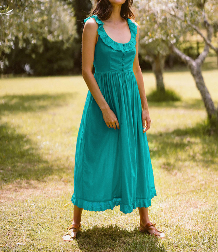 R.Vivimos Womens Summer Cotton Sleeveless Midi Dresses Vintage Lace Trim Button Up Tie Waist Casual A-Line Flowy Long Dresses