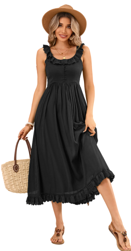 R.Vivimos Womens Summer Cotton Sleeveless Midi Dresses Vintage Lace Trim Button Up Tie Waist Casual A-Line Flowy Long Dresses