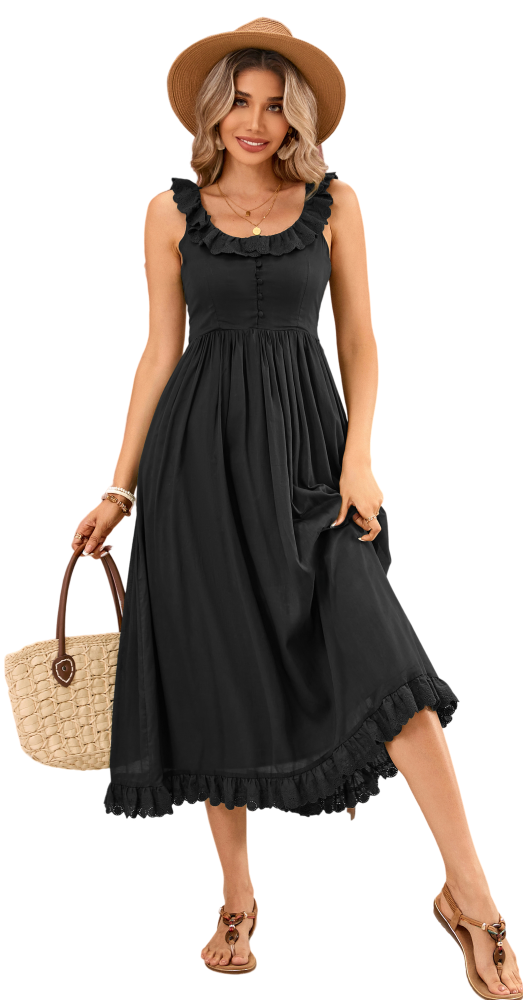 R.Vivimos Womens Summer Cotton Sleeveless Midi Dresses Vintage Lace Trim Button Up Tie Waist Casual A-Line Flowy Long Dresses