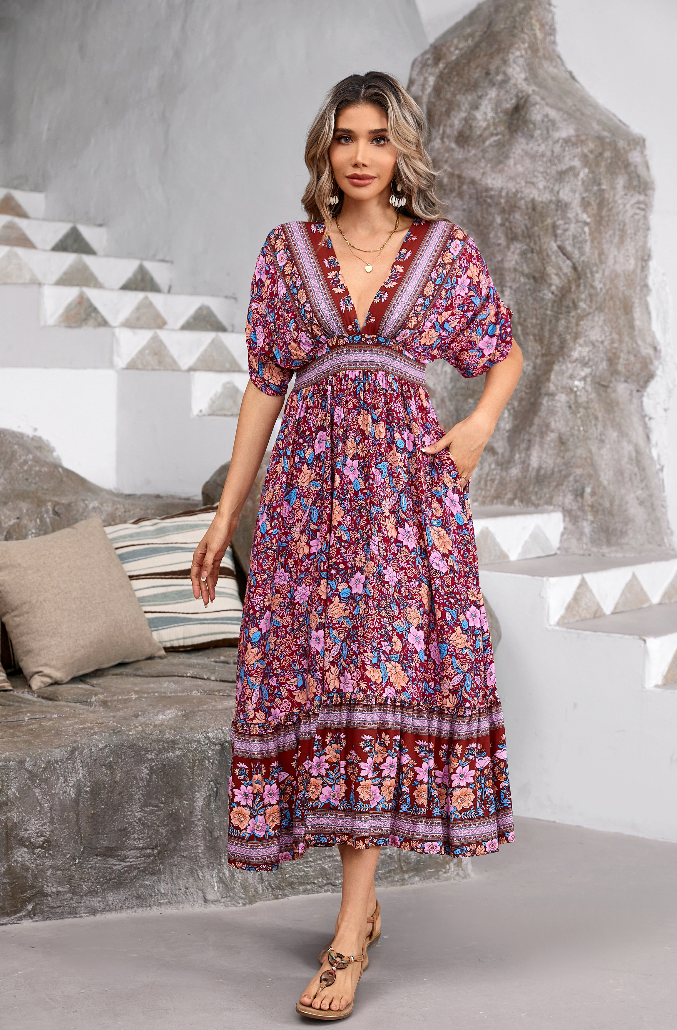 R.Vivimos Women's Summer Boho Floral Print Midi Dress Short Sleeve Deep V  Neck Empire Waist