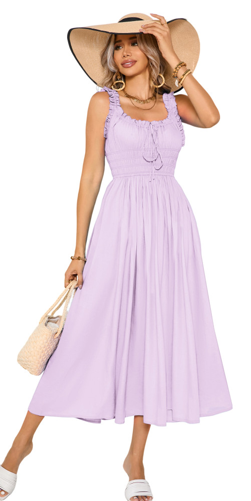 R.Vivimos Women's Summer Cotton Linen Casual Midi Dresses Elastic Straps  Empire Waist A-Line Flowy