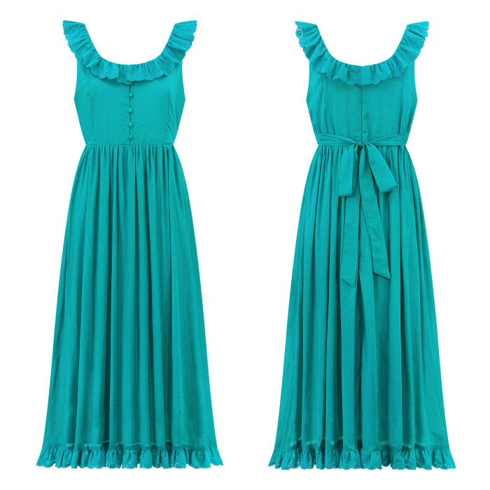 R.Vivimos Womens Summer Cotton Sleeveless Midi Dresses Vintage Lace Trim Button Up Tie Waist Casual A-Line Flowy Long Dresses