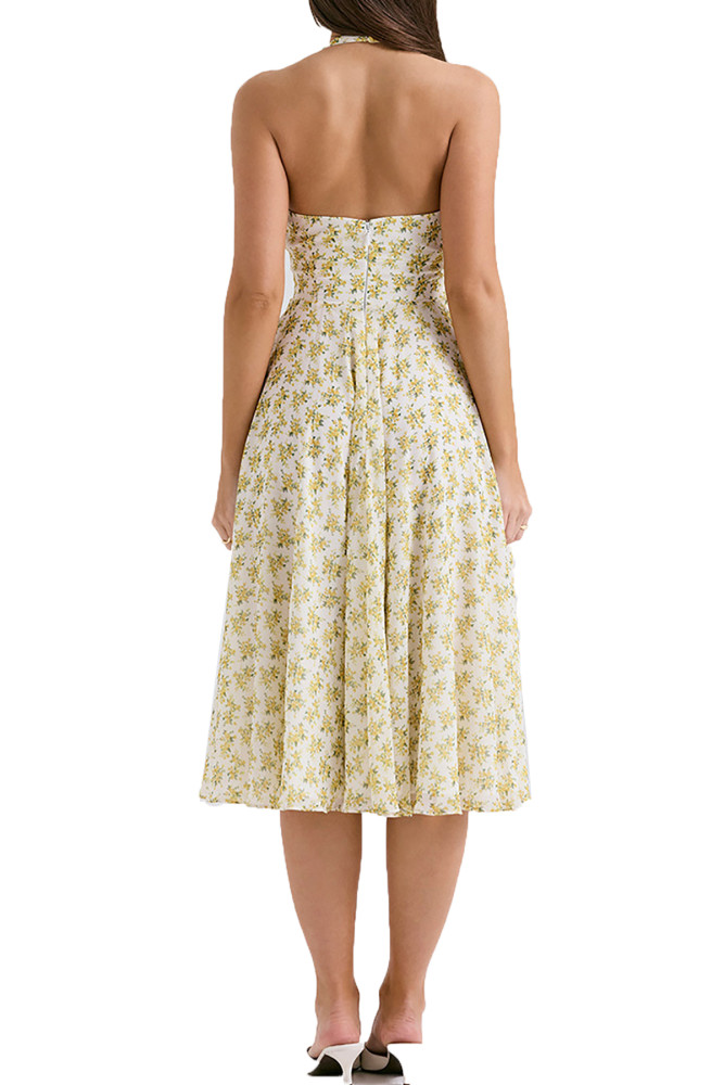 R.Vivimos Women's Summer Cotton Halter Midi Dresses Sexy Deep V Neck Sleeveless Boho Floral Print Fluffy Hem Long Dresses