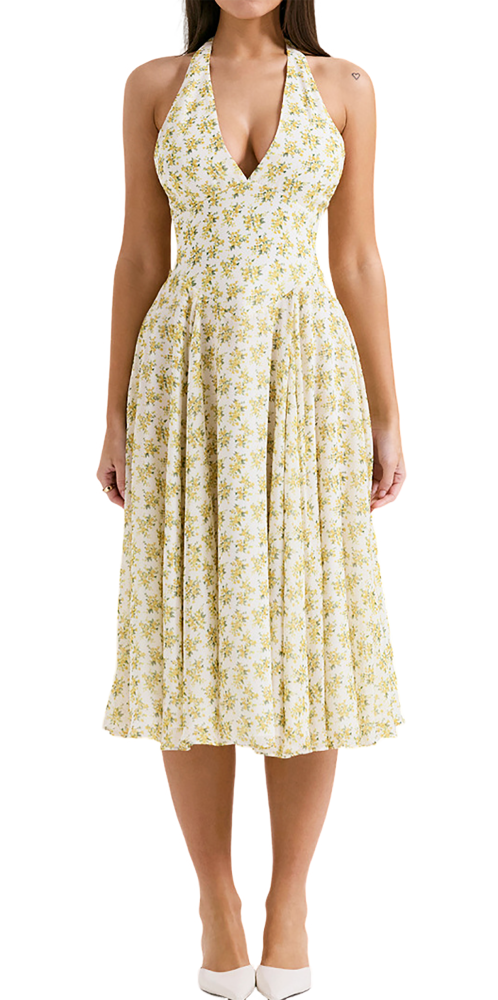 R.Vivimos Women's Summer Cotton Halter Midi Dresses Sexy Deep V Neck Sleeveless Boho Floral Print Fluffy Hem Long Dresses