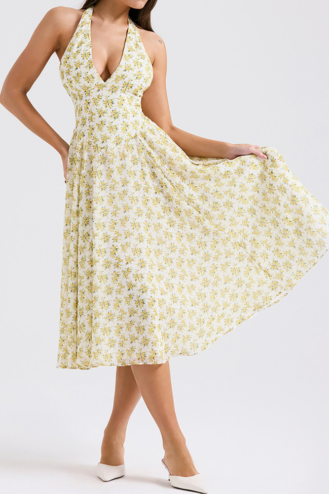 R.Vivimos Women's Summer Cotton Halter Midi Dresses Sexy Deep V Neck Sleeveless Boho Floral Print Fluffy Hem Long Dresses