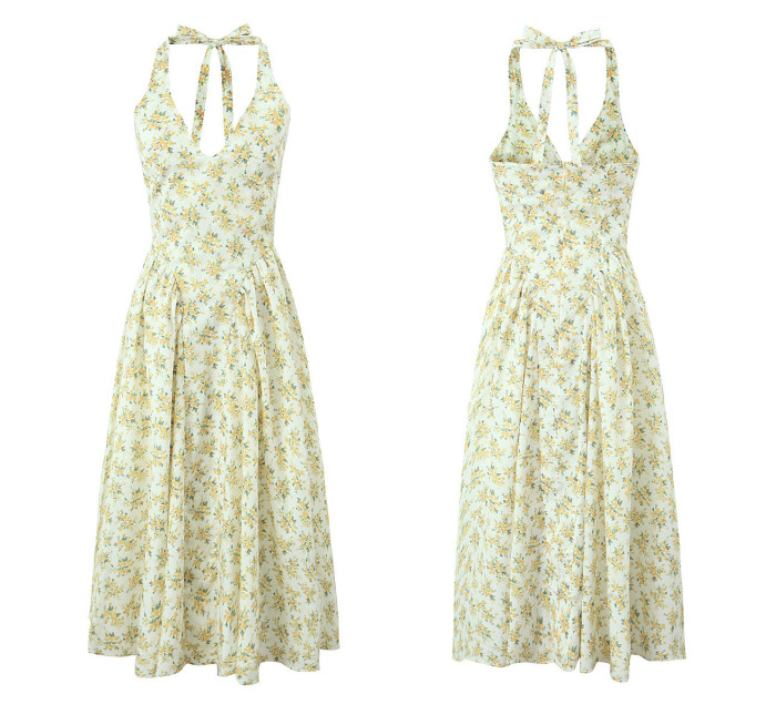 R.Vivimos Women's Summer Cotton Halter Midi Dresses Sexy Deep V Neck Sleeveless Boho Floral Print Fluffy Hem Long Dresses