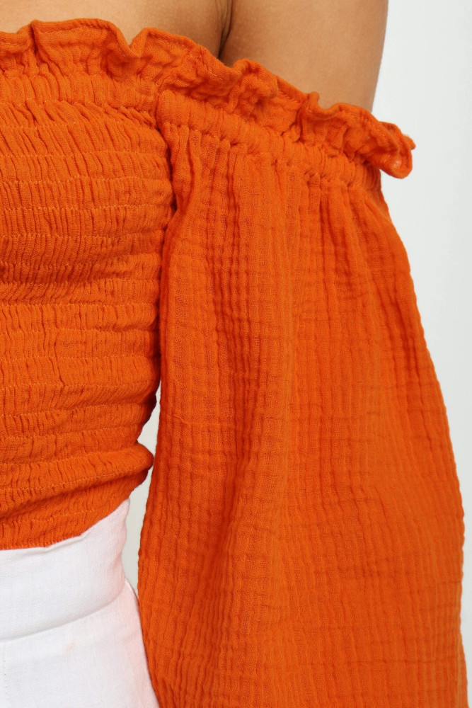 R.Vivimos Women's Summer Linen Short Sleeves Off The Shoulder Crop Tops Ruffle Slim Blouses