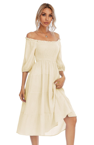 R.Vivimos Women's Summer Linen Lantern Sleeves Ruffled Off Shoulder A-Line Midi Dresses